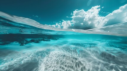 A pristine underwater scene showcasing a tropical blue ocean paired with white sand