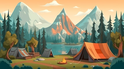 Vector camping tent in the forest.Summer camp with bonfire, tent, backpack . cartoon landscape with mountain, forest and campsite.