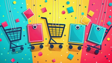Colorful cartoon vector illustration of Cyber Monday sale with shopping carts and discount tags cartoon Vector Illustration Generative AI