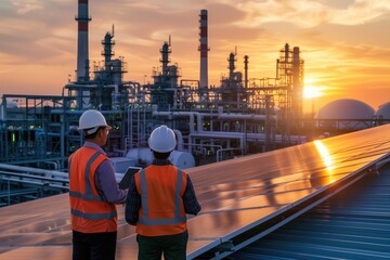 Engineers Inspecting Solar Panels At Industrial Plant During Sunset