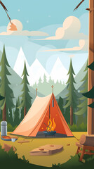 Vector camping tent in the forest.Summer camp with bonfire, tent, backpack . cartoon landscape with mountain, forest and campsite.