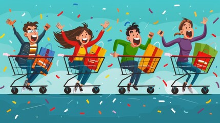 Cartoon vector illustration of excited shoppers on Cyber Monday with shopping carts full of items cartoon Vector Illustration Generative AI