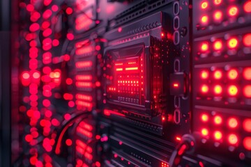 Obraz premium Closeup of a server rack with red lights, showcasing data processing and technology.
