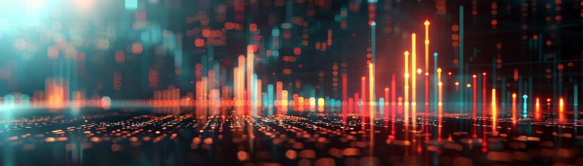 Abstract digital landscape with glowing data charts and futuristic light streaks, symbolizing data analytics and technology advancement.