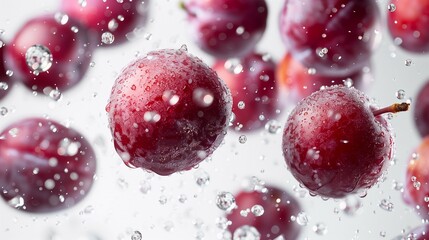 Fruit photography,red plums and water droplets floating in the air on a white background.