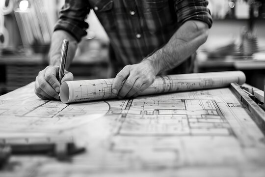Carpenter working on blueprints in workshop. - Powered by Adobe