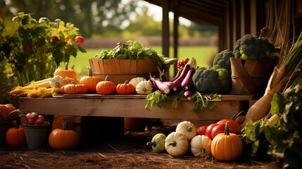 A table full of vegetables including broccoli, squash, and pumpkins. Scene is warm and inviting, as it showcases the abundance of fresh produce available for harvest - Powered by Adobe