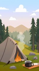 Vector camping tent in the forest.Summer camp with bonfire, tent, backpack . cartoon landscape with mountain, forest and campsite.