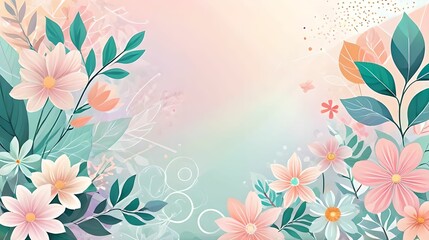 Abstract soft floral background with flowers, leaves and various geometric shapes in pastel soft colors