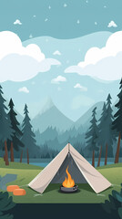 Vector camping tent in the forest.Summer camp with bonfire, tent, backpack . cartoon landscape with mountain, forest and campsite.