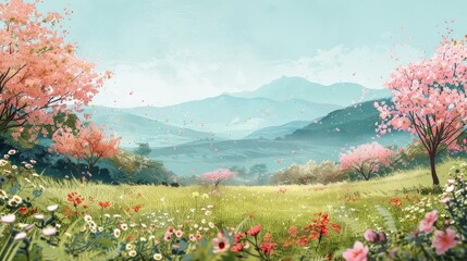 An idyllic springtime nature scene showcasing a peaceful meadow with a variety of colorful flowers in full bloom. The sky is clear and blue, casting a serene light over the landscape. Cherry blossoms