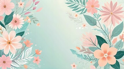 Obraz premium Abstract soft floral background with flowers, leaves and various geometric shapes in pastel soft colors