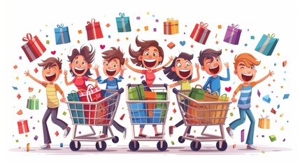 Cartoon vector illustration of excited shoppers on Cyber Monday with shopping carts full of items cartoon Vector Illustration Generative AI