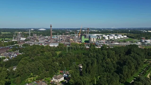 Aerial drone view of an oil and natural gas company in Gelsenkirchen-West, Germany, showcasing the oil refineries in the area. These refineries are significant industrial facilities in Gelsenkirchen, 