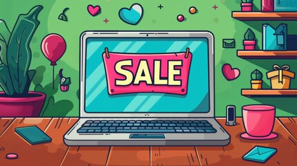 Cyber Monday vector illustration with a laptop displaying a sale banner and a cartoon character making a purchase cartoon Vector Illustration Generative AI