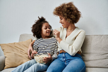 An African American mother and daughter happily sit on a couch, enjoying popcorn together.