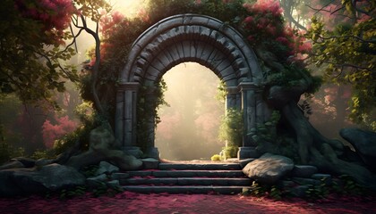 portal with mossy stone arch in mystery green forest