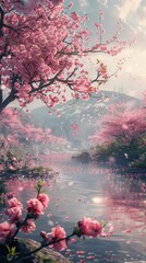 A tranquil spring garden with blooming flowers and lush greenery. Cherry blossoms add a delicate touch of pink to the scene. The fresh meadows and vibrant colors evoke a sense of new beginnings and