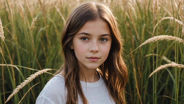 a young girl facing the front in a reed field