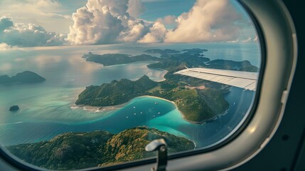 A stunning view from a seaplane window, capturing the essence of wanderlust with a serene seascape