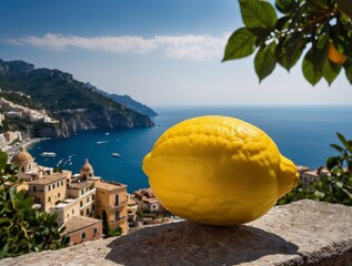 Amalfi lemon close-up against the background of the Amalfi Coast - the most beautiful coast of...