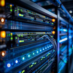 Close-up of a server rack with glowing lights and cables.