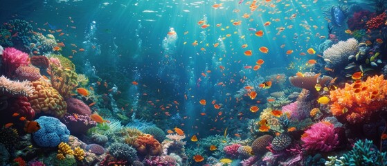 Explore an underwater world teeming with life, where coral reefs bloom like gardens and fish dart like shooting stars in the vast ocean expanse.