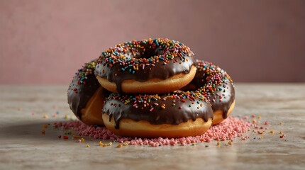 ring doughnut pile dusted with sprinkles. Isolated on transparent, chocolate-covered donuts with pink frosting.