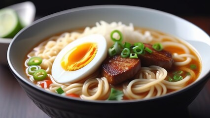 A bowl of ramen noodle soup topped with sliced boiled eggs, cucumber, beef strips, and fresh cilantro. The soup is served in a white bowl with a rich, flavorful broth, set on a wooden table