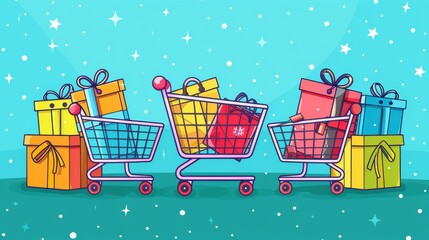 Colorful cartoon vector illustration of Cyber Monday sale with shopping carts and discount tags cartoon Vector Illustration Generative AI