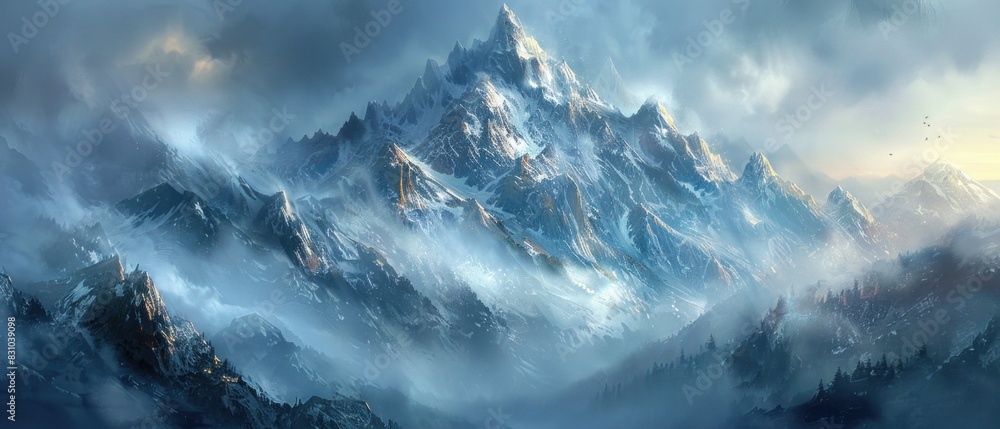 Wall mural imagine a mountaintop cloaked in mist, where the whispers of the wind carry the stories of those who - Wall murals
