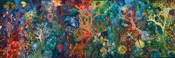 Diversity of life on Earth, using a mosaic of colors and shapes to depict various species and ecosystems in a complex, interconnected web, ai generated