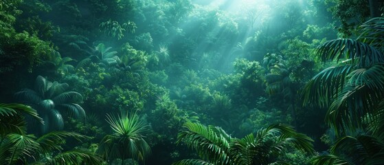 Obraz premium Peer into the depths of a dense jungle, where the canopy above hides secrets known only to the creatures that call it home.