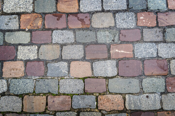Old Stone Pavement Texture Background, Ancient Granite Cobblestone Road Pattern, Block Sidewalk