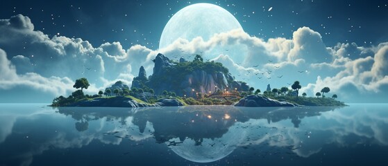 A fantasy scene with a floating island shaped like a musical note, surrounded by clouds and birds, ethereal lighting, whimsical style 8K , high-resolution, ultra HD,up32K HD