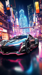 high tech stealth supercar racing in cyberpunk city with neon light