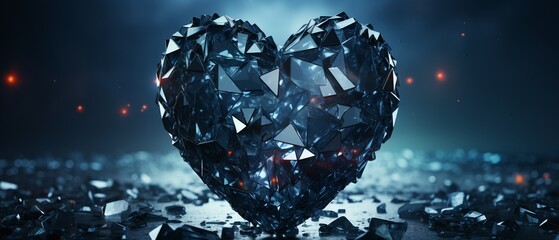 Fototapeta premium A black heart made of shattered glass pieces, reflective surfaces, 3D, dramatic lighting, high detail 8K , high-resolution, ultra HD,up32K HD