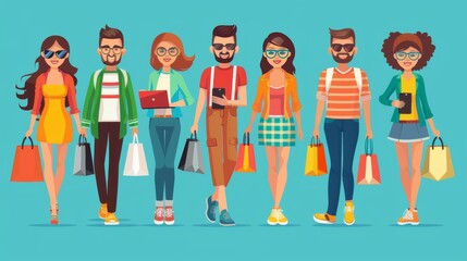 Cartoon vector illustration of people shopping online on Cyber Monday with laptops and mobile phones cartoon Vector Illustration Generative AI