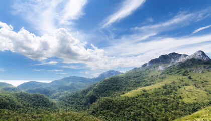 Mountain peak landscape with blue sky and clouds. Panoramic view