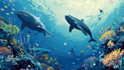 The ocean and underwater world with different inhabitants. Marine Life Landscape. Sea world