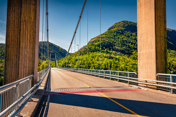 Typical Norwegian view of bridge across the fjord. Picturesque summer scene of Norway. Traveling...