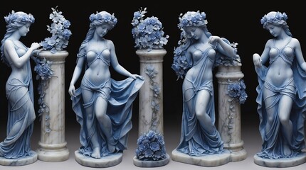 blue flowers crown wreath of beautiful woman marble sculpture statue art