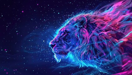 a image of a lion with a colorful mane in the night