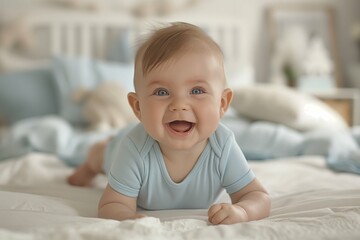 Fototapeta premium Lying down child during energy impressive blue eyes play time with parents for photography ad banner design