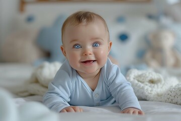 Fototapeta premium Lying down child during energy impressive blue eyes play time with parents for photography ad banner design
