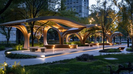 An urban park with artfully designed pavilions and sculptural seating