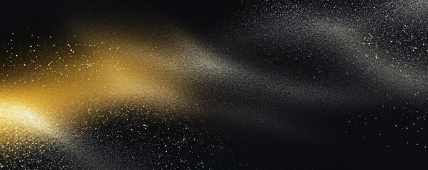 A dynamic abstract background featuring swirling gold and black dust particles on a dark backdrop