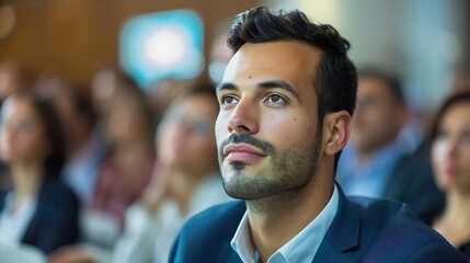 Fototapeta premium Handsome Man Sitting in a Crowded Audience at a Business Conference Corporate Delegate Watching Inspirational Entrepreneurship Presentation About Developing Markets and Financial Oppor : Generative AI