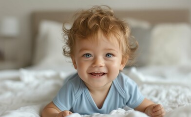 Cute happy baby boy wearing blue lying on his stomach and playing in the white bedroom, laughing happily with big eyes