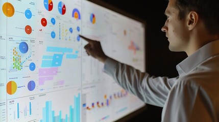 Businessman analyzing a business analytics BA or intelligence BI dashboard on virtual screen showing sales and operations data statistics charts and key performance indicators KPI : Generative AI